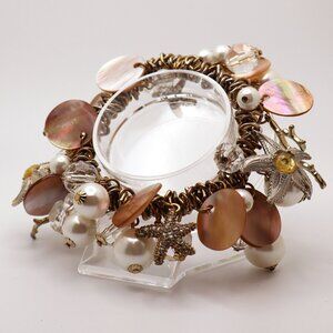 Sandcastle Dream Gold Tone Stretch Charm Bracelet Starfish Coral Shell Pearl